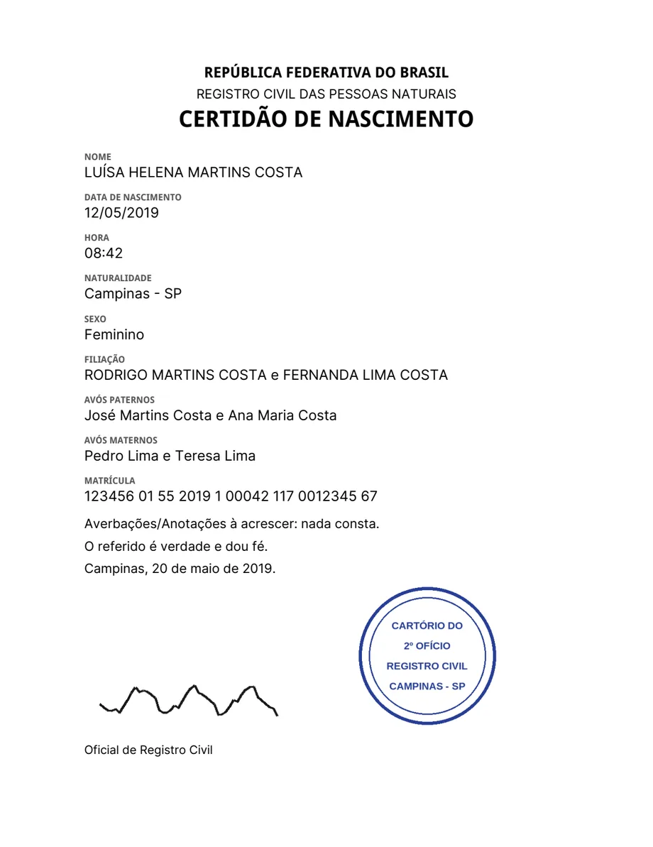 A digital birth certificate as it was sent. A sample document: every name and number on it is invented.
