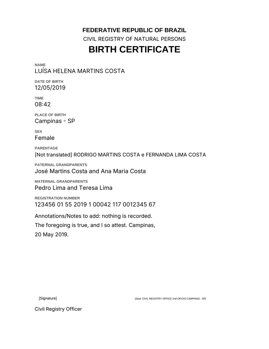 The English draft: names, dates and numbers identical to the original, the stamp and the signature described in brackets. Like every draft it goes through the translator's review: one line came back marked, and one term still needs a correction.