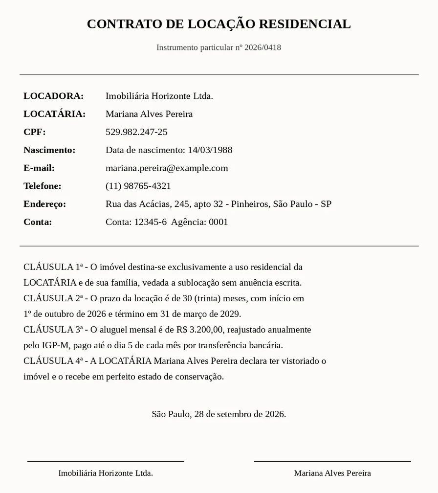 A rental contract as it was sent. A sample document: every name and number on it is invented.