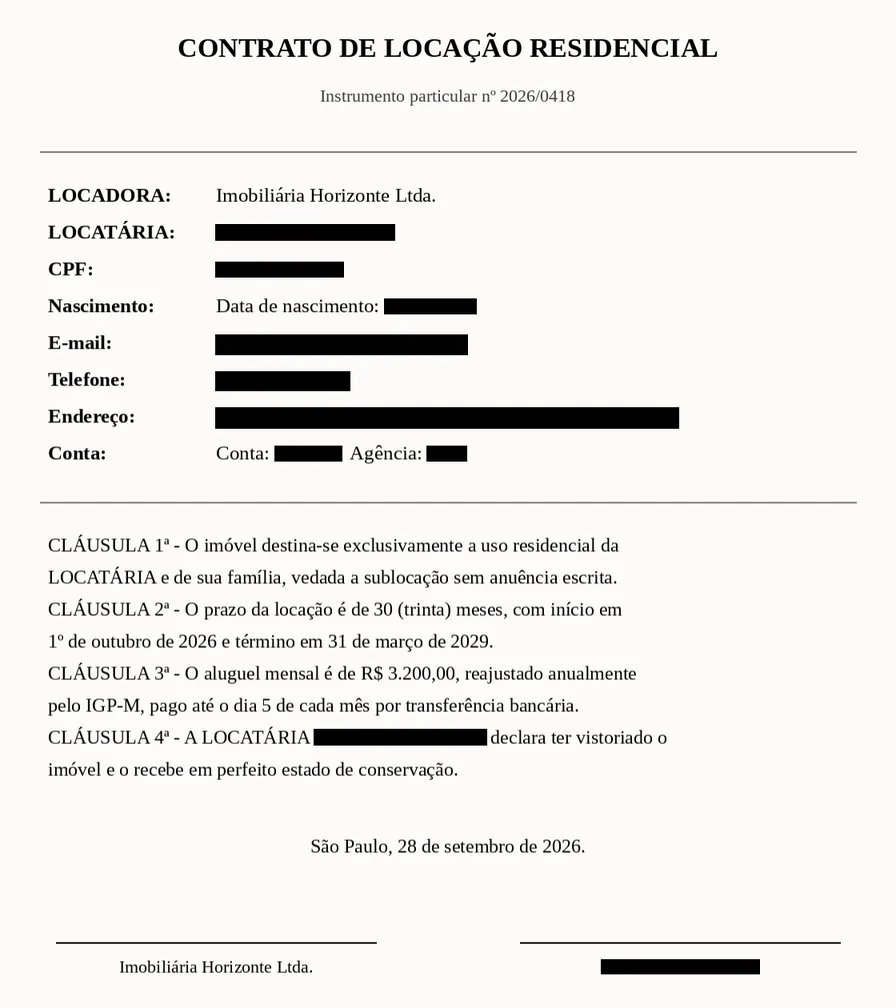 What came back: the tenant's name, CPF, date of birth, e-mail, phone, address and bank account are gone from the file. The landlord and the clauses stayed.